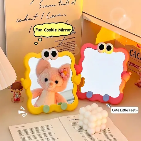 Cute Cartoon Big Eyes Desktop Makeup Mirror Wave Edge Vanity Mirror With Stand Phone Holder Dormitory Bedroom Home Decor