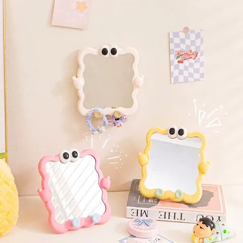 Cute Cartoon Big Eyes Desktop Makeup Mirror Wave Edge Vanity Mirror With Stand Phone Holder Dormitory Bedroom Home Decor