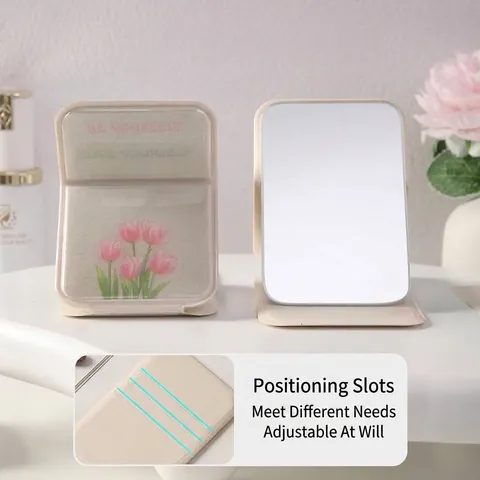 Portable Folding Makeup Mirror Cute Tulip Print Ins Style Handheld Pocket Mirror PU Frame Silver Mirror For Women Daily