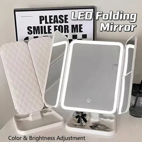 Desktop LED Tri-fold Makeup Mirror With 1x/2x/3x Magnification Touch Screen Dimmable Light Portable Vanity Mirror Storage Base USB Powered