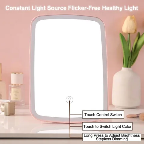 Desktop LED Makeup Mirror With Light Portable Foldable Rechargeable Touch Control Stepless Dimming Plastic Frame Cosmetic Mirror For Dormitory Home