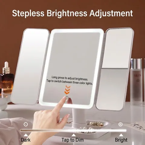 Desktop LED Tri-fold Makeup Mirror With 1x/2x/3x Magnification Touch Screen Dimmable Light Portable Vanity Mirror Storage Base USB Powered