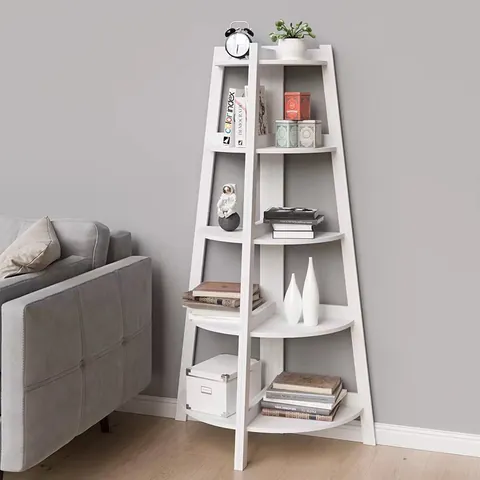 Étagère d'Angle Nordique à 5 Niveaux Bibliothèque en Échelle PVC Porte-Fleurs Multifonctionnel Blanc