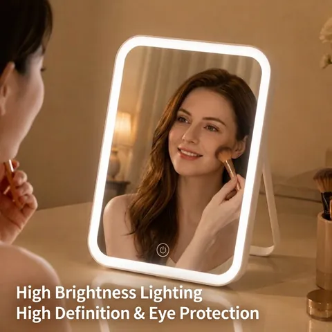 Desktop LED Makeup Mirror With Touch Screen 3 Color Modes Adjustable Stand Portable Rechargeable HD Vanity Beauty Mirror For Home Dorm Room