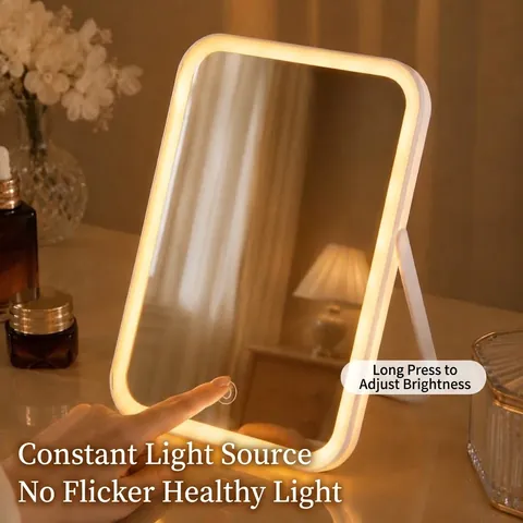 Desktop LED Makeup Mirror With Touch Screen 3 Color Modes Adjustable Stand Portable Rechargeable HD Vanity Beauty Mirror For Home Dorm Room