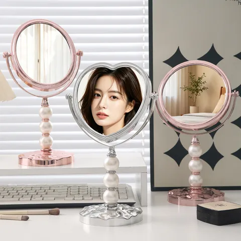Ins Stil Desktop Doppelseitiger Make-up Spiegel Mit Künstlicher Perle Dekor Galvanisiertem Metall Rotierender High Definition Kosmetikspiegel