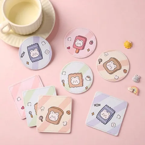 Tragbarer Cartoon Bär Taschenschminkspiegel PU-Leder Mini Rund Quadratisch Handspiegel Für Mädchen Kinder Reise Alltagsgeschenk