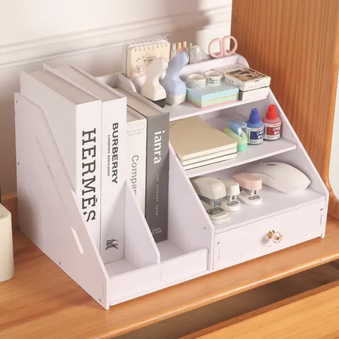 White Multi-layer Desktop File Organizer Rack With Drawer Minimalist PVC A4 Document Storage Box For Office Study Organization