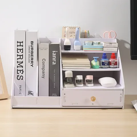 White Multi-layer Desktop File Organizer Rack With Drawer Minimalist PVC A4 Document Storage Box For Office Study Organization