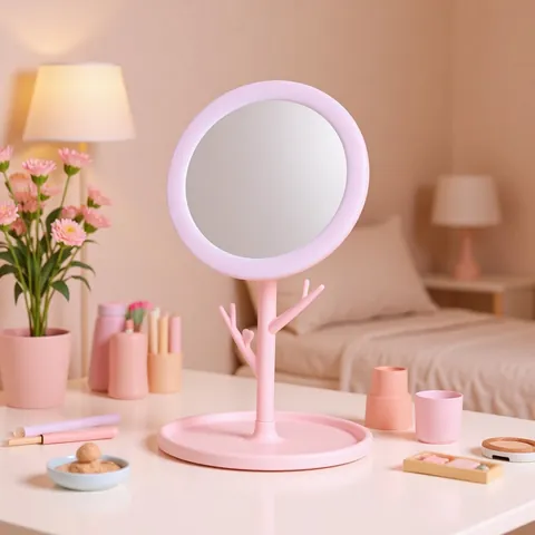 Modern Minimalist Plastic Desktop Makeup Mirror Round Base Tree Branch Jewelry Organizer Stand Dormitory Portable Vanity Mirror