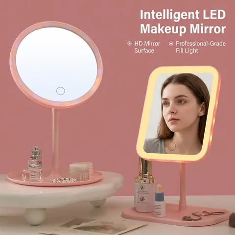 LED Schminkspiegel mit Intelligenter Berührungssteuerung 3 Farbmodi Dimmbar Desktop Kosmetikspiegel mit Ablage für Wohnheim Schlafzimmer