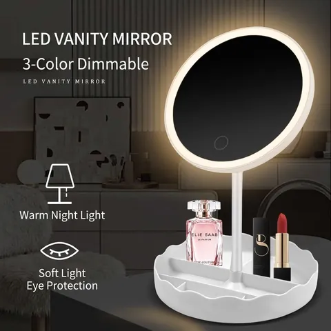 LED Desktop Makeup Mirror With Light Rotary Single-Sided Vanity Mirror With Storage Base For Students Dormitory Bedroom Cosmetics Organizer