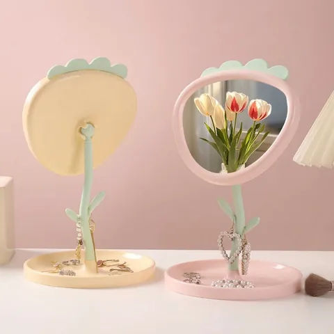 Cute Strawberry Flower Desktop Makeup Mirror With Jewelry Storage Tray Base Decorative Table Cosmetic Mirror For Dorm Bedroom Women