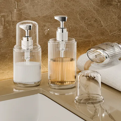 Portable PET PS Transparent Refillable Travel Bottle With Electroplated Pump For Shampoo Lotion Vertical Stripe Storage Bottle