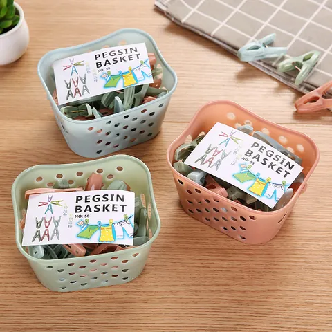 Plastic Windproof Clothes Pegs With Small Basket Laundry Clips For Drying Socks Underwear Balcony Storage Accessory