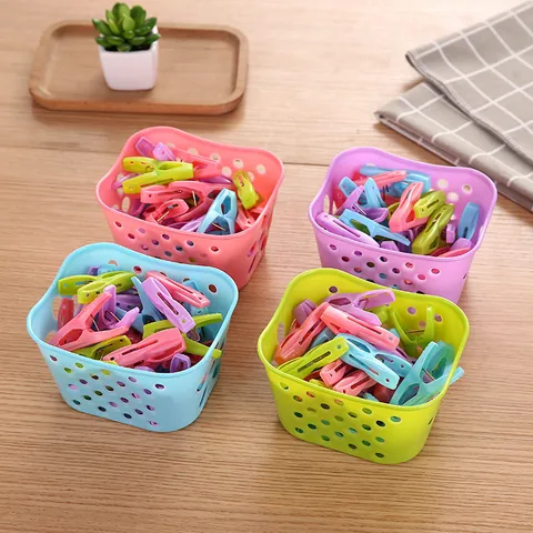 Plastic Windproof Clothes Pegs With Small Basket Laundry Clips For Drying Socks Underwear Balcony Storage Accessory