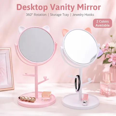 Süßer Katzenohr Desktop-Make-up-Spiegel Hochauflösender Rotierender Schminkspiegel Mit Schmuckhaken Aufbewahrungsbasis Für Damen