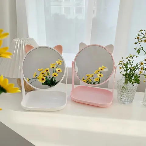 Süßer Katzenohr Desktop Make-up Spiegel Drehbar Einseitig High Definition Spiegel Mit Aufbewahrungsschale Schminktisch Deko