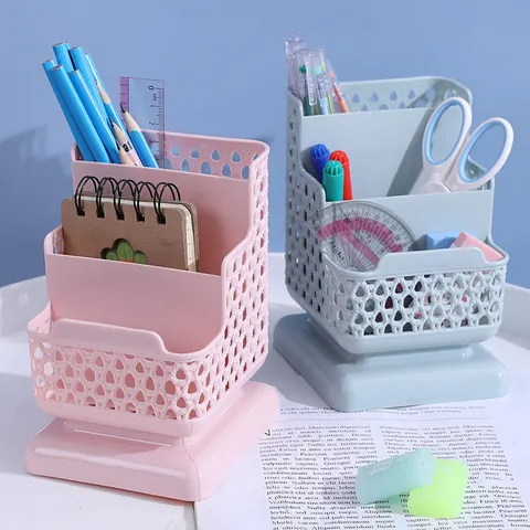 3-Tier Hollow Desktop Storage Box Plastic Multifunctional Pen Holder Makeup Organizer For Office School Student Supplies