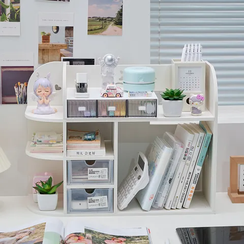 Desktop Storage Organizer Rack White Multi-Layer Bookcase With Drawers For Office Desk Stationery Organization Shelf