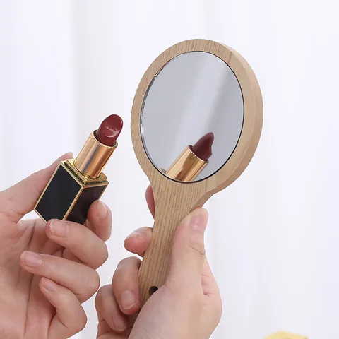 Specchio a Mano Retro in Legno Rotondo Vintage Portatile Specchio Cosmetico per Salone di Bellezza Casa Donna Regalo