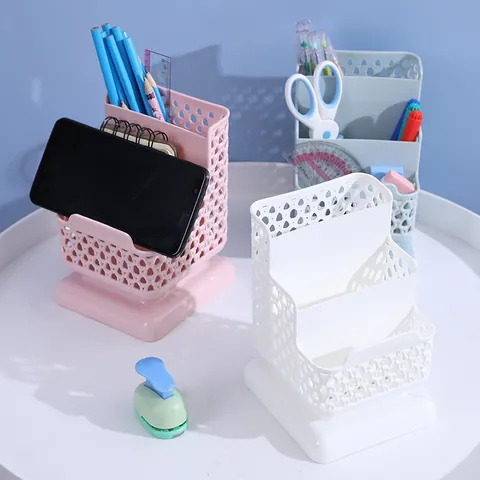 3-Tier Hollow Desktop Storage Box Plastic Multifunctional Pen Holder Makeup Organizer For Office School Student Supplies