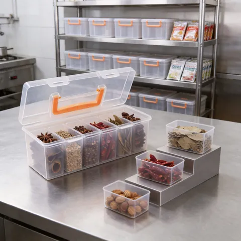 Caja de Almacenamiento de Especias Dividida Transparente Organizador Hermético de Cocina Con Tapa Mango Gran Apertura Contenedor