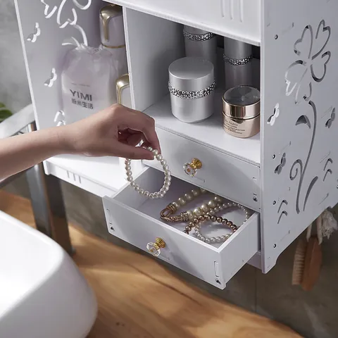 Wandmontierter Badezimmer Lagerschrank Weißer PVC Wasserdichter Schubladenständer Mehrschichtiger Hohl-Organizer Für Die Heimwäscherei