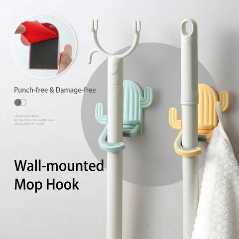 Cactus Mop Holder Wall Mounted Hook Punch Free Broom Organizer Rack Bathroom Utility Hook Heavy Duty Adhesive Holder