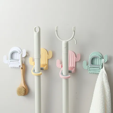 Cactus Mop Holder Wall Mounted Hook Punch Free Broom Organizer Rack Bathroom Utility Hook Heavy Duty Adhesive Holder