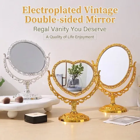 Europäischer Retro Doppelseitiger Tisch Schminkspiegel Prinzessin Stil Vintage Galvanisierter Silberspiegel Herz Rund Oval Schminktisch Schminkspiegel Drehbar