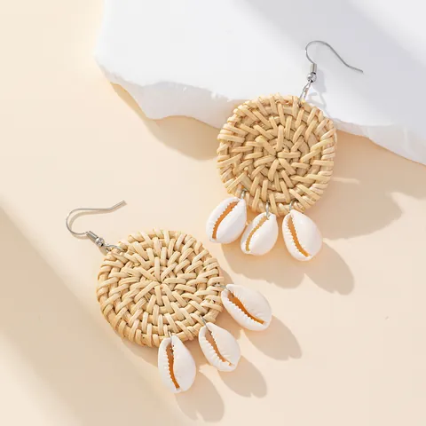 Bohemian Handmade Rattan Round Drop Earrings For Women Natural Shell Vintage Beach Vacation Jewelry Gift