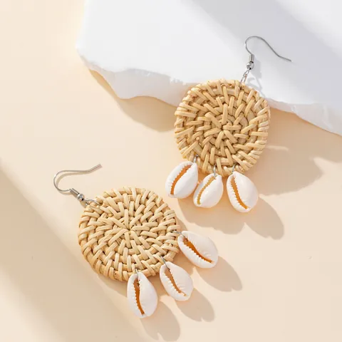 Bohemian Handmade Rattan Round Drop Earrings For Women Natural Shell Vintage Beach Vacation Jewelry Gift