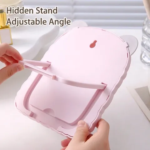 Süßer Katzenohr Bärenohr Desktop Schminkspiegel Faltbarer Wandmontierter Tragbarer Quadratischer Kleiner Student Kinder Geschenk Spiegel