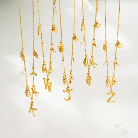 18K Gold Plated Copper Beach Style Necklace For Women Shell Conch Starfish Artificial Pearl Initial Letter Pendant Jewelry