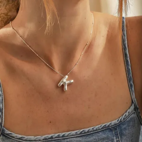 Stainless Steel Puffy Bubble Alphabet Necklace For Women 3D Initial Letter Pendant Gold Silver Plated Bead Chain Jewelry