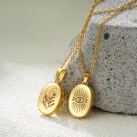Vintage Stainless Steel Oval Locket Necklace For Women Men Gold Silver Plated Sun Moon Evil Eye Photo Pendant Necklace Jewelry Gift