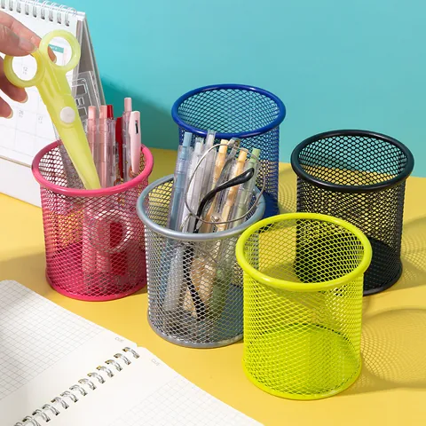 Creative Metal Mesh Pen Holder Hollow Desktop Stationery Organizer Colorful Spray Paint Round Square Pencil Storage Box For Office School