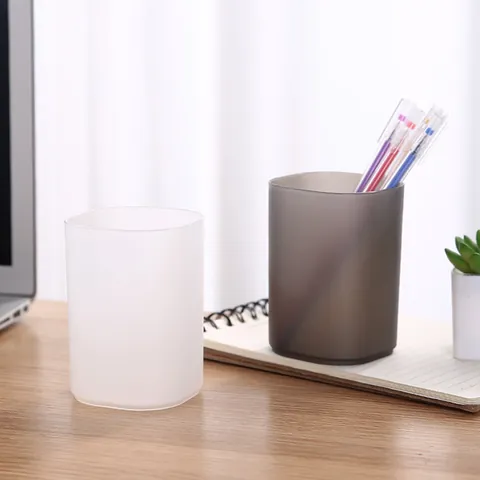Minimalist Frosted Transparent Desk Pen Holder Round PP Plastic Desktop Organizer Pencil Cup Office School Stationery Storage Box