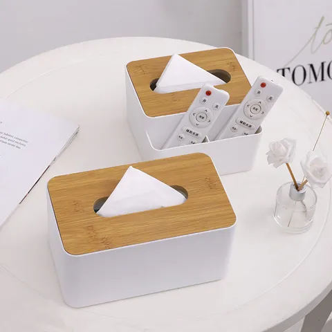 Modern Minimalist Wooden Lid Tissue Box Plastic Desktop Storage Box Multi-functional Remote Control Holder Tissue Dispenser For Home Office