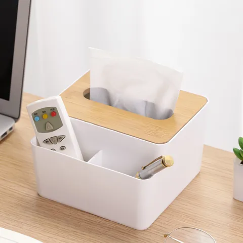 Modern Minimalist Wooden Lid Tissue Box Plastic Desktop Storage Box Multi-functional Remote Control Holder Tissue Dispenser For Home Office