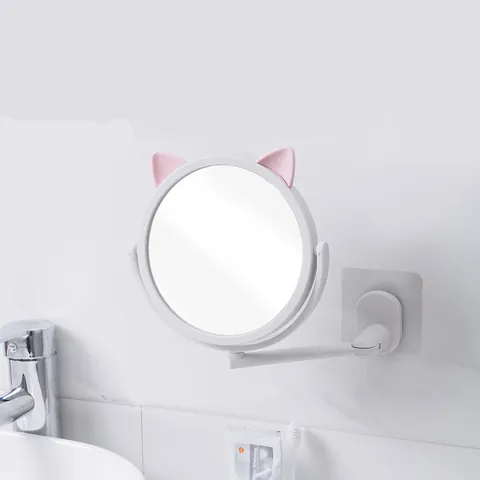 Rotatable Cartoon Cat Ear Wall Mounted Makeup Mirror High Definition Suction Cup Dressing Mirror Portable Beauty Mirror For Bathroom Dressing Room