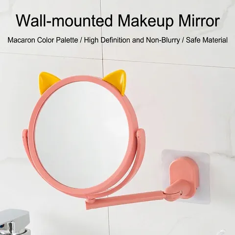 Rotatable Cartoon Cat Ear Wall Mounted Makeup Mirror High Definition Suction Cup Dressing Mirror Portable Beauty Mirror For Bathroom Dressing Room