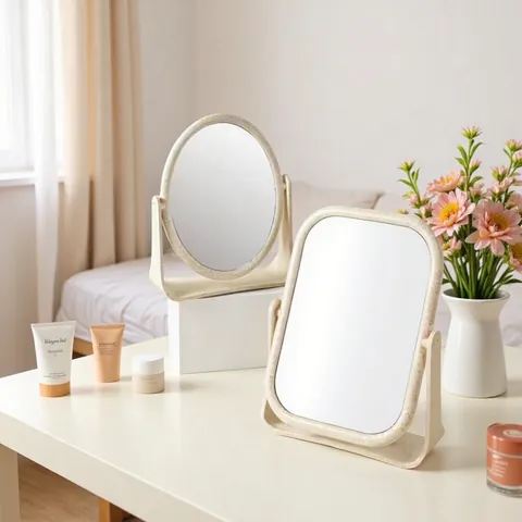 Desktop Doppelseitiger Weizenstroh Make-up Spiegel Drehbarer Faltbarer Stehender Tischspiegel Für Schlafzimmer Wohnheim Damen Schönheit