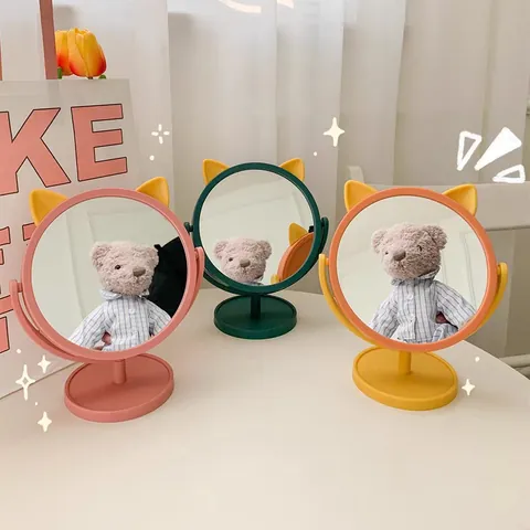 Süßer Cartoon Tierohren Tisch Schminkspiegel Tragbarer Drehbarer Prinzessin Schminkspiegel Mit Aufbewahrungssockel HD Einseitiger Spiegel Für Schlafzimmer Wohnheim