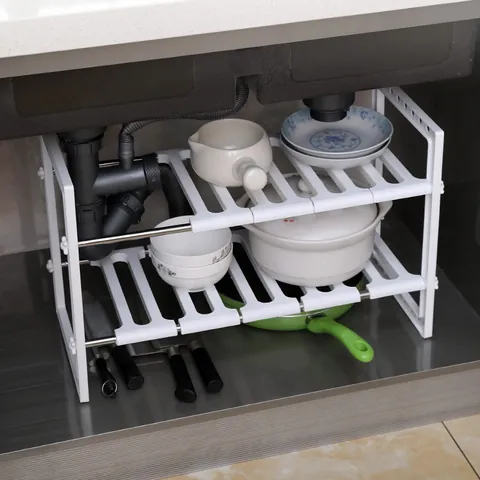 Expandable Under Sink Organizer Multilayer Stainless Steel Plastic Kitchen Storage Rack Adjustable Shelf For Pots Pans Cabinet Organizer
