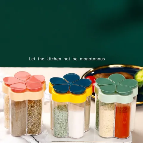 Transparent Multi-Compartment Seasoning Jar With Petal Shape Flip Lid PP PS Plastic Moisture Proof Spice Organizer For Kitchen BBQ Storage