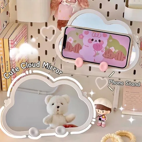 Cartoon Cloud Shape Desktop Makeup Mirror Portable Wall-Mounted Vanity Mirror With Integrated Phone Holder Stand Cute Home Decor