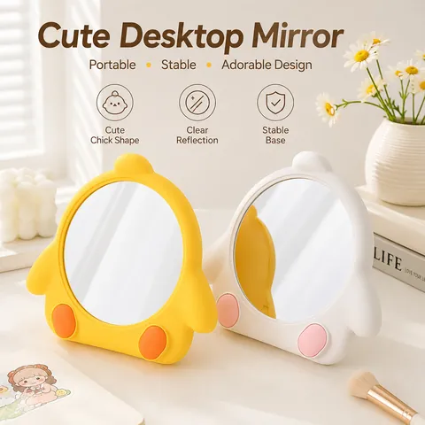 Cute Cartoon Chick Desktop Makeup Mirror Wall Mounted Plastic Cosmetic Mirror For Dormitory Bedroom Student Girl Decorative Beauty Mirror