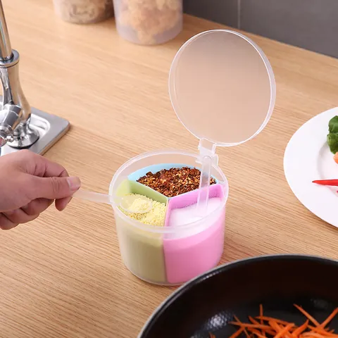 Round Seasoning Box With Transparent Lid And Spoons Multi-Compartment Spice Storage Container For Salt Sugar Kitchen